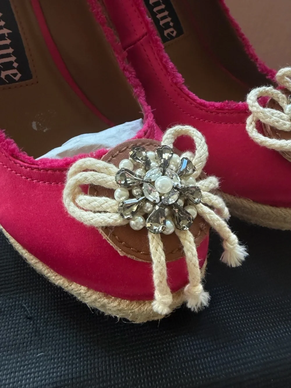 Juicy Couture Riana Pop Pink Satin Embellished Platform Wedge Heels